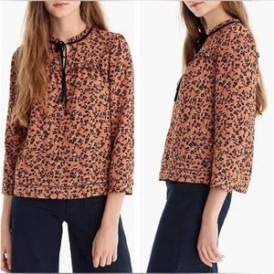 J. Crew Point Sur Blossom Print Caramel Silk Popover Blouse Brown/Black